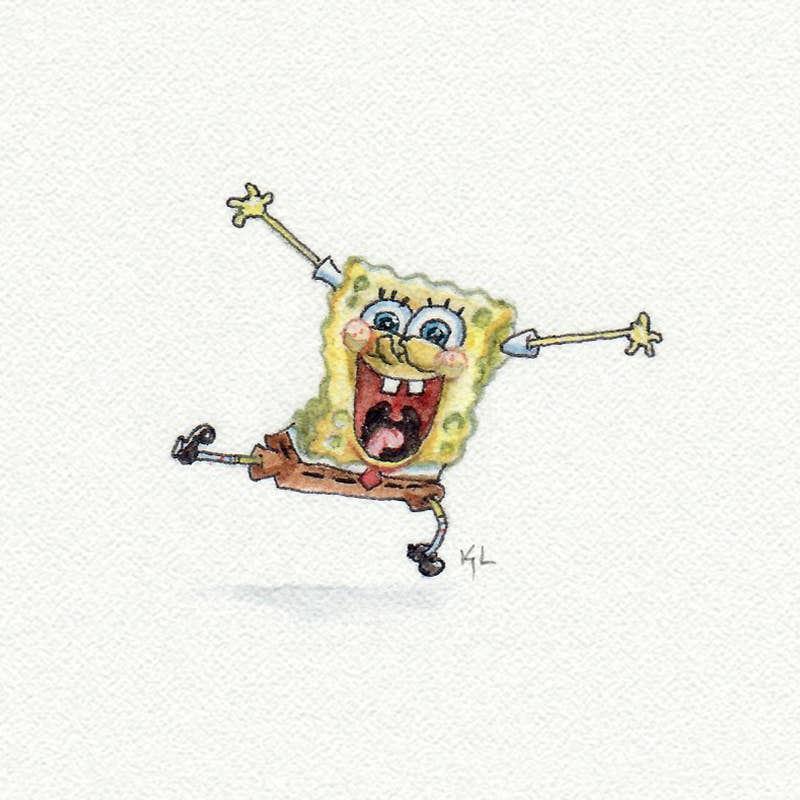 Miniature watercolor illustration of SpongeBob character – vibrant fine art print